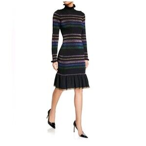 NWT 
Shoshanna Evette Metallic Stripe Long Sleeve Turtleneck Dress 
Sz L